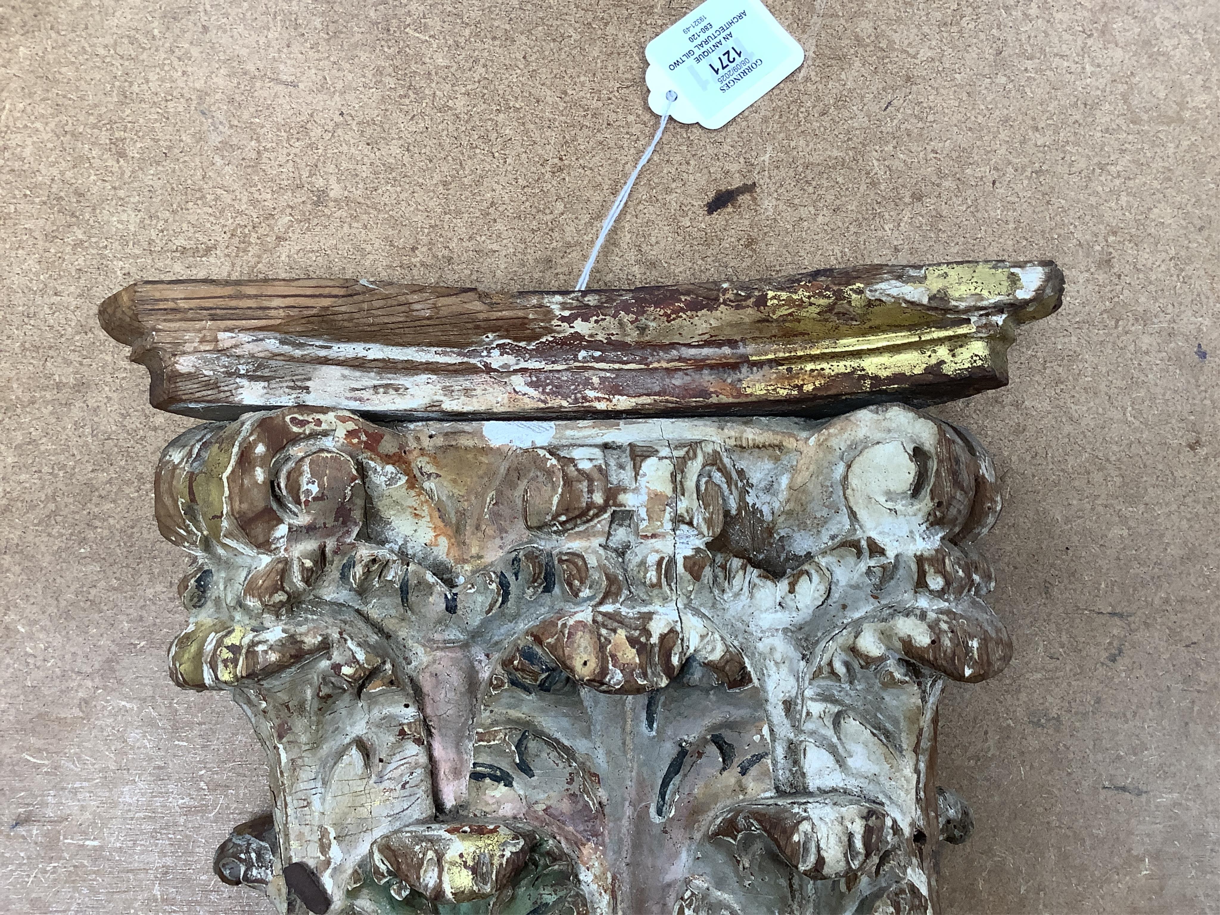 An antique architectural giltwood Corinthian capital for a pilaster, 28cm high